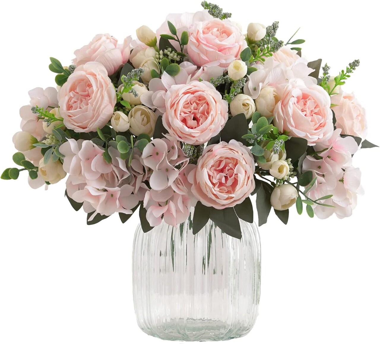 Spring Tabletop Decor – 4 Bunches Artificial Pink Peonies, Silk Flowers & Fake Roses for Home, Vase, Living Room Table Centerpiece, Wedding, Party Decoration